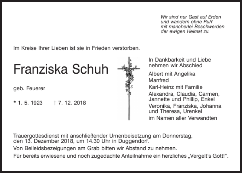  Traueranzeige für Franziska Schuh vom 11.12.2018 aus Mittelbayerische Zeitung Regensburg