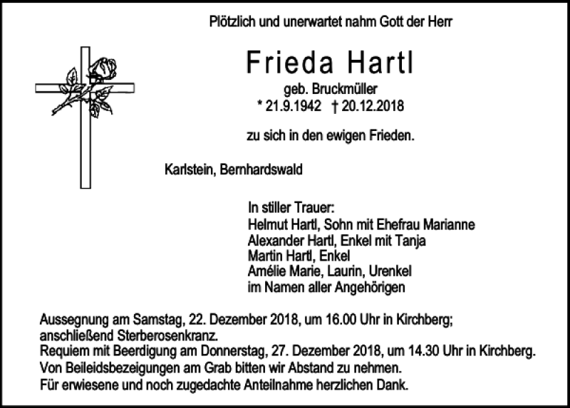  Traueranzeige für Frieda Hartl vom 22.12.2018 aus Mittelbayerische Zeitung Schwandorf