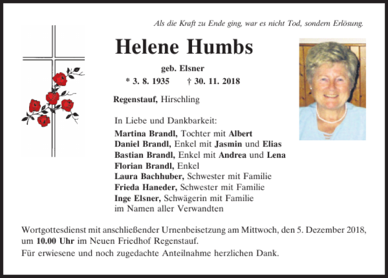  Traueranzeige für Helene Humbs vom 03.12.2018 aus Mittelbayerische Zeitung Regensburg