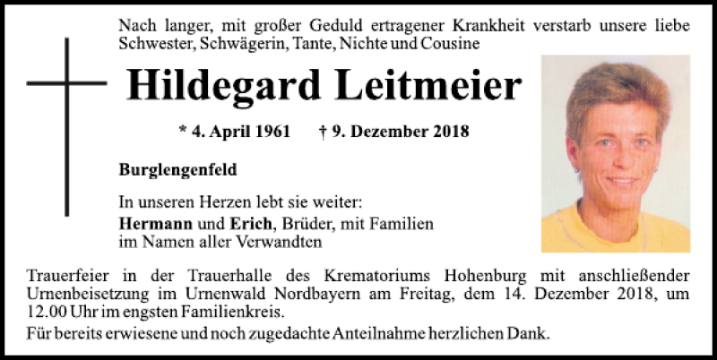  Traueranzeige für Hildegard Leitmeier vom 12.12.2018 aus Mittelbayerische Zeitung Schwandorf