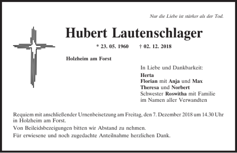  Traueranzeige für Hubert Lautenschlager vom 05.12.2018 aus Mittelbayerische Zeitung Regensburg