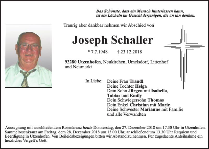 Traueranzeigen von Joseph Schaller | Mittelbayerische Trauer