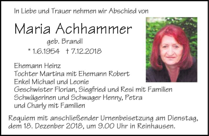  Traueranzeige für Maria Achhammer vom 12.12.2018 aus Mittelbayerische Zeitung Regensburg