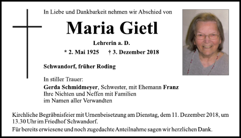 Traueranzeigen von Maria Gietl | Mittelbayerische Trauer