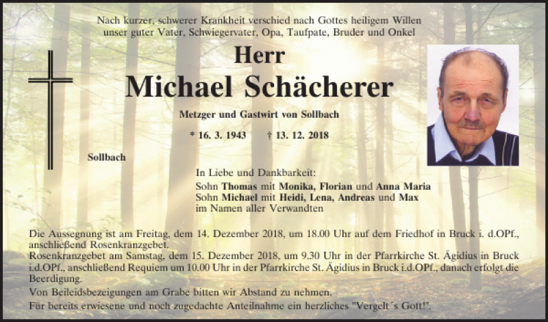  Traueranzeige für Michael Schächerer vom 14.12.2018 aus Mittelbayerische Zeitung Schwandorf