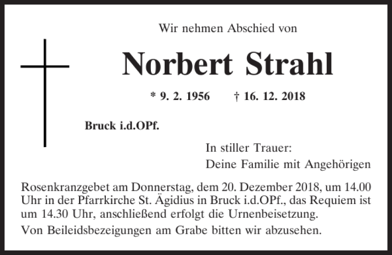  Traueranzeige für Norbert Strahl vom 18.12.2018 aus Mittelbayerische Zeitung Schwandorf