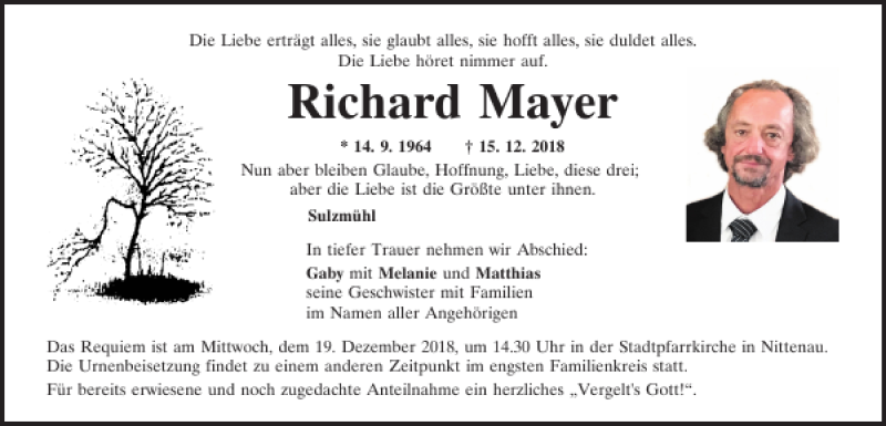  Traueranzeige für Richard Mayer vom 17.12.2018 aus Mittelbayerische Zeitung Regensburg