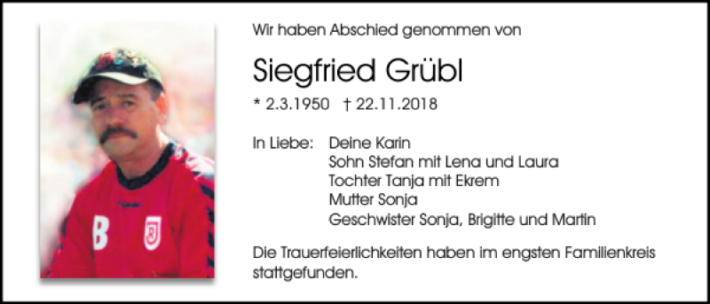  Traueranzeige für Siegfried Grübl vom 01.12.2018 aus Mittelbayerische Zeitung Regensburg