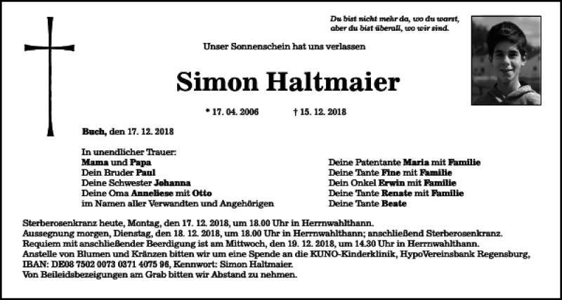  Traueranzeige für Simon Haltmaier vom 17.12.2018 aus Mittelbayerische Zeitung Kelheim