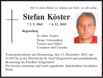 Traueranzeige von Stefan Köster von Mittelbayerische Zeitung Regensburg