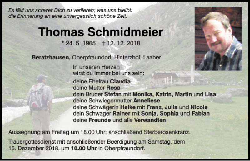  Traueranzeige für Thomas Schmidmeier vom 13.12.2018 aus Mittelbayerische Zeitung Regensburg