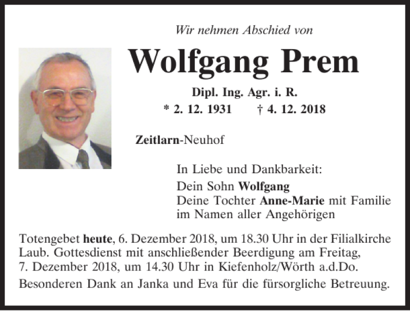  Traueranzeige für Wolfgang Prem vom 06.12.2018 aus Mittelbayerische Zeitung Regensburg