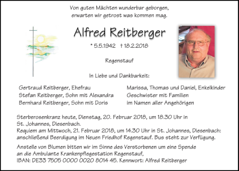  Traueranzeige für Alfred Reitberger vom 20.02.2018 aus Mittelbayerische Zeitung Regensburg