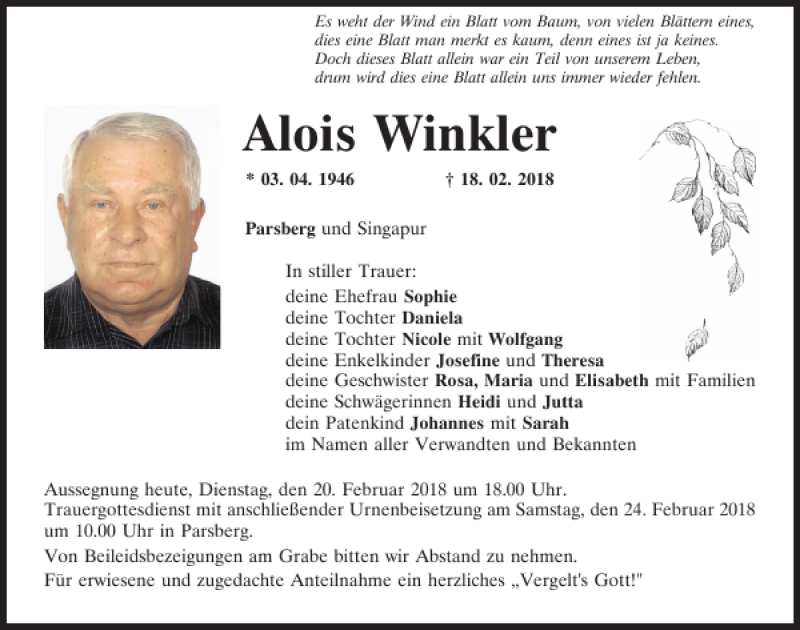  Traueranzeige für Alois Winkler vom 20.02.2018 aus Neumarkter Tagblatt