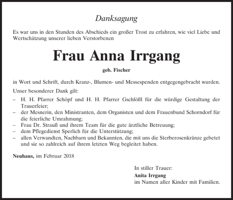 Traueranzeigen Von Anna Irrgang Mittelbayerische Trauer