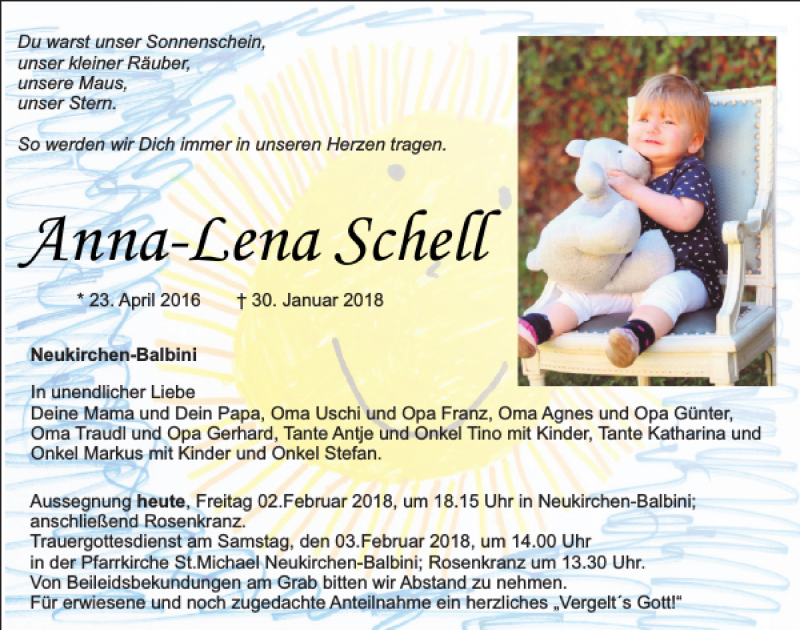  Traueranzeige für Anna-Lena Schell vom 02.02.2018 aus Bayerwald Echo