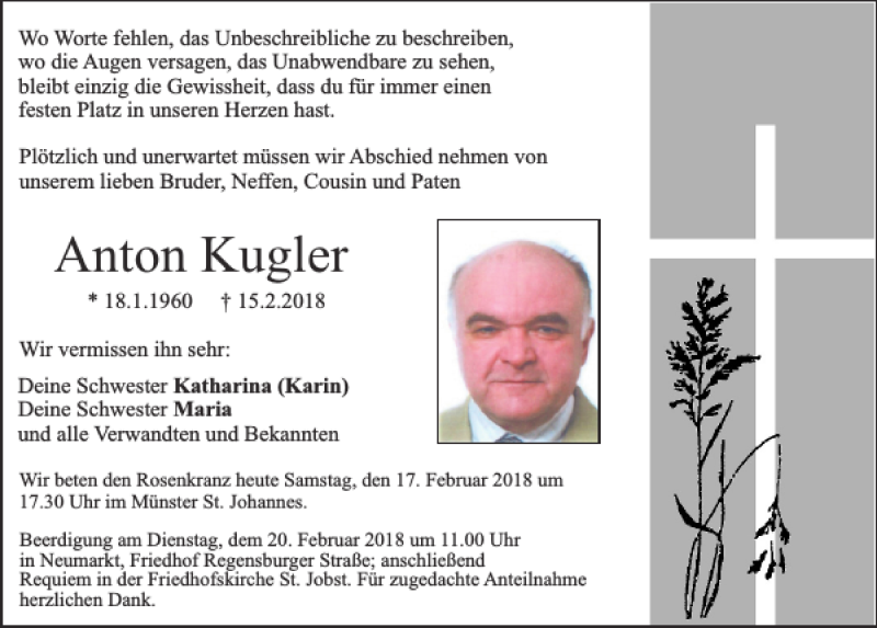  Traueranzeige für Anton Kugler vom 17.02.2018 aus Neumarkter Tagblatt