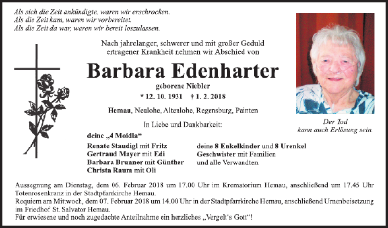  Traueranzeige für Barbara Edenharter vom 05.02.2018 aus Mittelbayerische Zeitung Kelheim