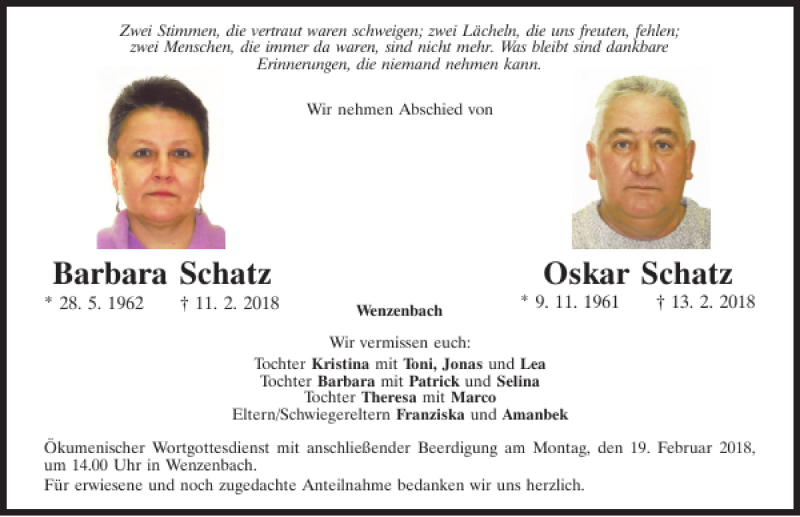  Traueranzeige für Barbara und Oskar Schatz vom 17.02.2018 aus Mittelbayerische Zeitung Regensburg