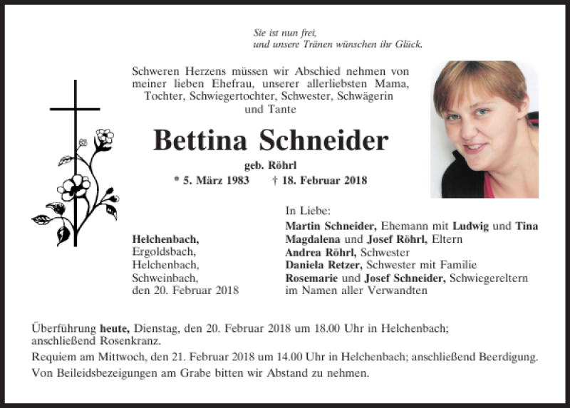  Traueranzeige für Bettina Schneider vom 20.02.2018 aus Mittelbayerische Zeitung Kelheim