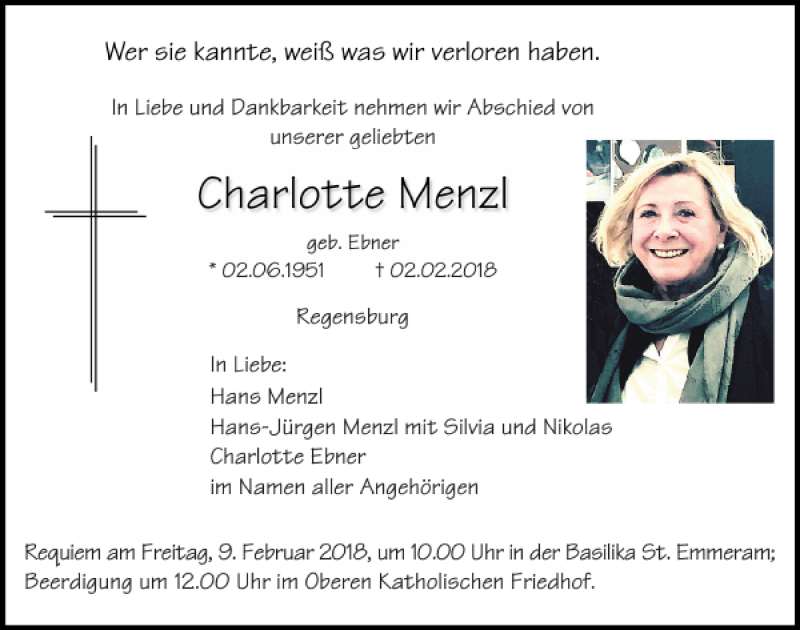  Traueranzeige für Charlotte Menzl vom 07.02.2018 aus Mittelbayerische Zeitung Regensburg