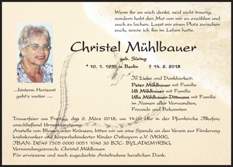  Traueranzeige für Christel Mühlbauer vom 17.02.2018 aus Mittelbayerische Zeitung Regensburg