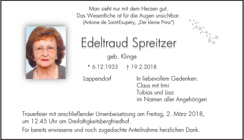  Traueranzeige für Edeltraud Spreitzer vom 28.02.2018 aus Mittelbayerische Zeitung Regensburg