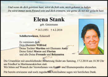 Traueranzeige von Elena Stank von Bayerwald Echo