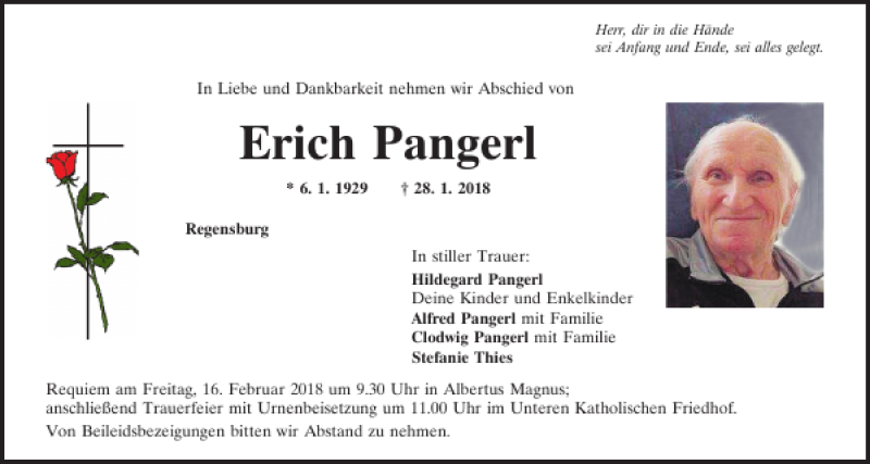  Traueranzeige für Erich Pangerl vom 10.02.2018 aus Mittelbayerische Zeitung Regensburg