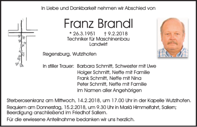  Traueranzeige für Franz Brandl vom 13.02.2018 aus Mittelbayerische Zeitung Regensburg