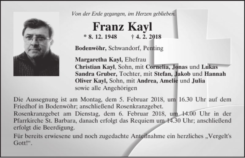  Traueranzeige für Franz Kayl vom 05.02.2018 aus Mittelbayerische Zeitung Schwandorf