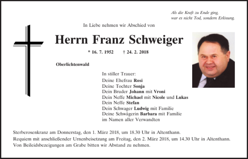  Traueranzeige für Franz Schweiger vom 28.02.2018 aus Mittelbayerische Zeitung Regensburg