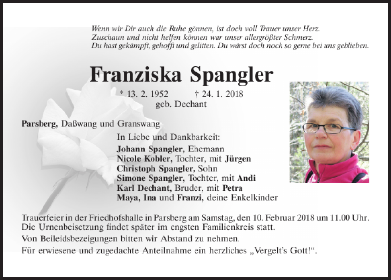  Traueranzeige für Franziska Spangler vom 07.02.2018 aus Neumarkter Tagblatt