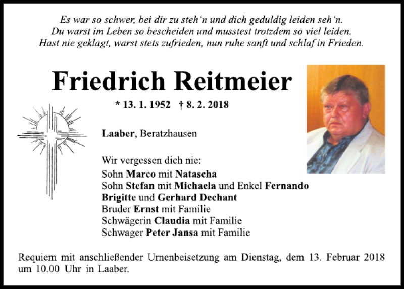  Traueranzeige für Friedrich Reitmeier vom 10.02.2018 aus Mittelbayerische Zeitung Regensburg