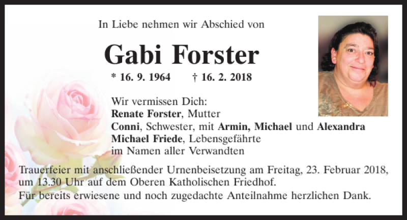  Traueranzeige für Gabi Forster vom 21.02.2018 aus Mittelbayerische Zeitung Regensburg