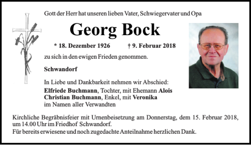  Traueranzeige für Georg Bock vom 12.02.2018 aus Mittelbayerische Zeitung Schwandorf