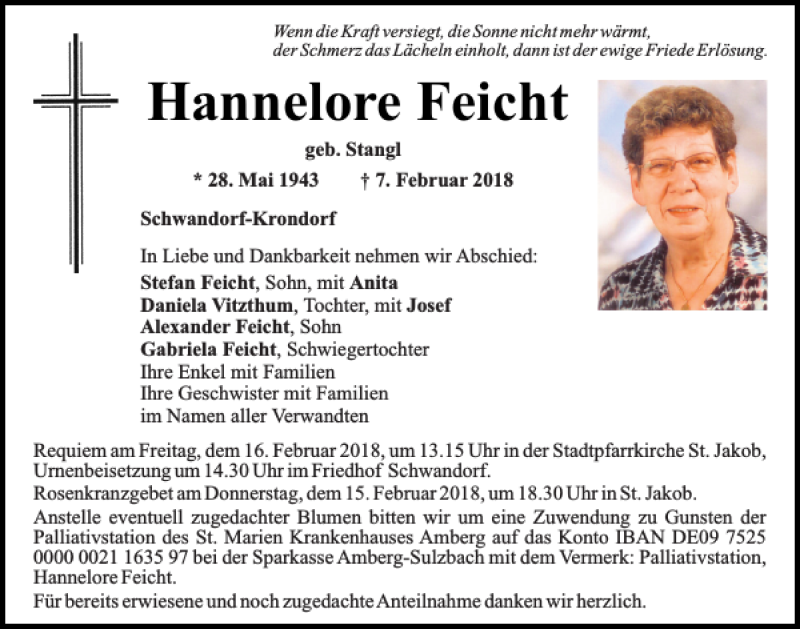  Traueranzeige für Hannelore Feicht vom 10.02.2018 aus Mittelbayerische Zeitung Schwandorf