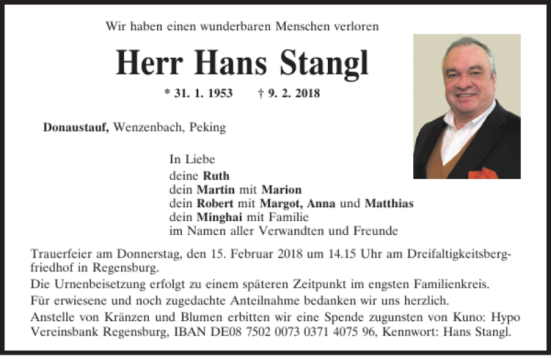  Traueranzeige für Hans Stangl vom 13.02.2018 aus Mittelbayerische Zeitung Regensburg