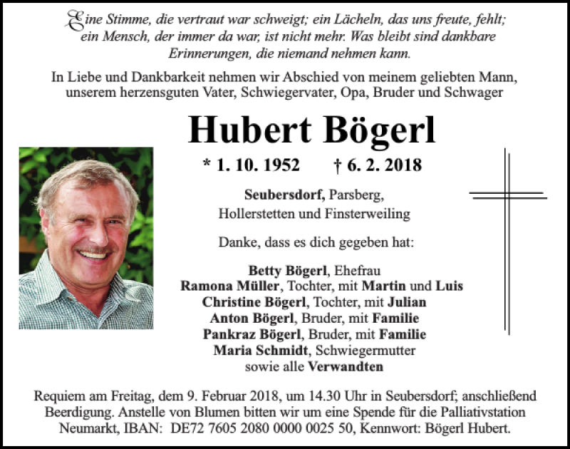  Traueranzeige für Hubert Bögerl vom 08.02.2018 aus Neumarkter Tagblatt