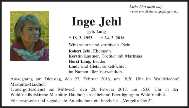  Traueranzeige für Inge Jehl vom 26.02.2018 aus Mittelbayerische Zeitung Schwandorf