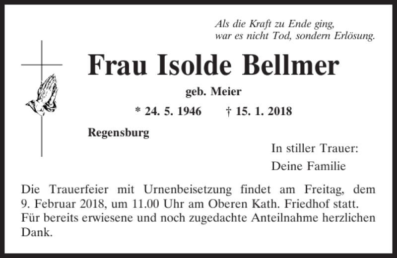  Traueranzeige für Isolde Bellmer vom 03.02.2018 aus Mittelbayerische Zeitung Regensburg