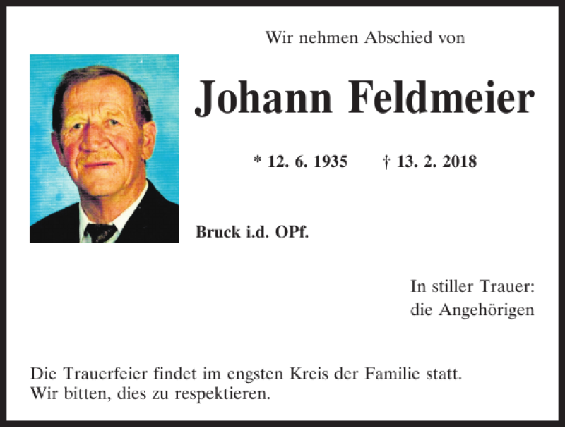  Traueranzeige für Johann Feldmeier vom 20.02.2018 aus Mittelbayerische Zeitung Schwandorf