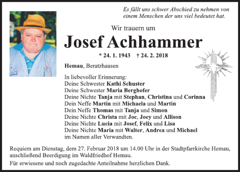  Traueranzeige für Josef Achhammer vom 26.02.2018 aus Mittelbayerische Zeitung Regensburg