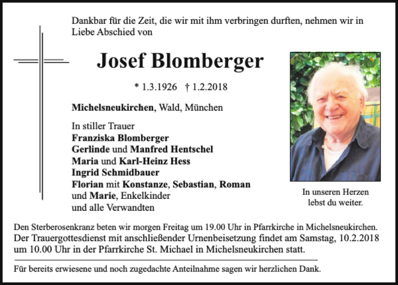  Traueranzeige für Josef Blomberger vom 08.02.2018 aus Bayerwald Echo