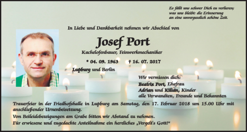  Traueranzeige für Josef Port vom 13.02.2018 aus Neumarkter Tagblatt