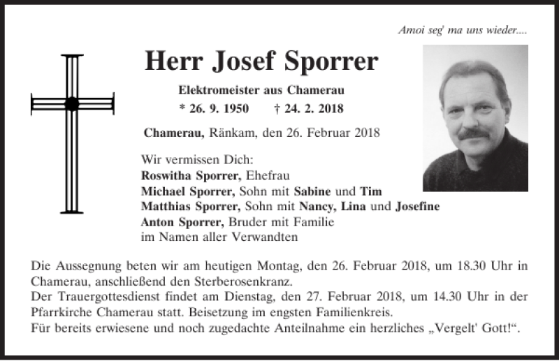  Traueranzeige für Josef Sporrer vom 26.02.2018 aus Bayerwald Echo