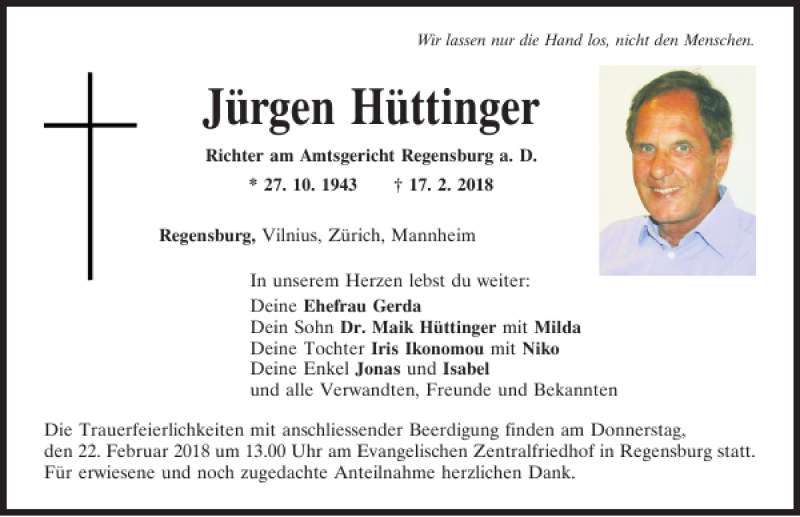  Traueranzeige für Jürgen Hüttinger vom 20.02.2018 aus Mittelbayerische Zeitung Regensburg