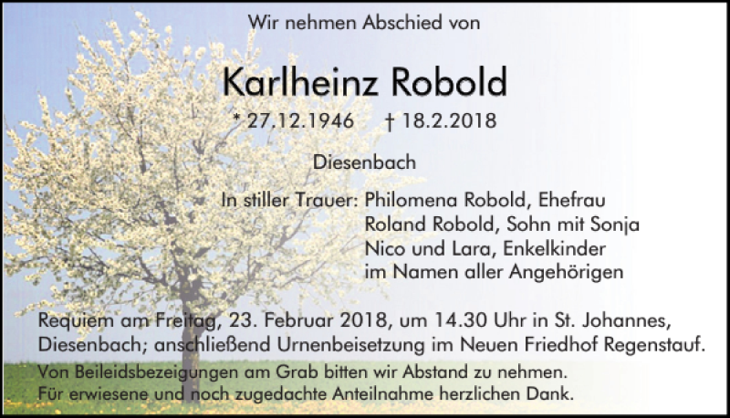  Traueranzeige für Karlheinz Robold vom 21.02.2018 aus Mittelbayerische Zeitung Regensburg