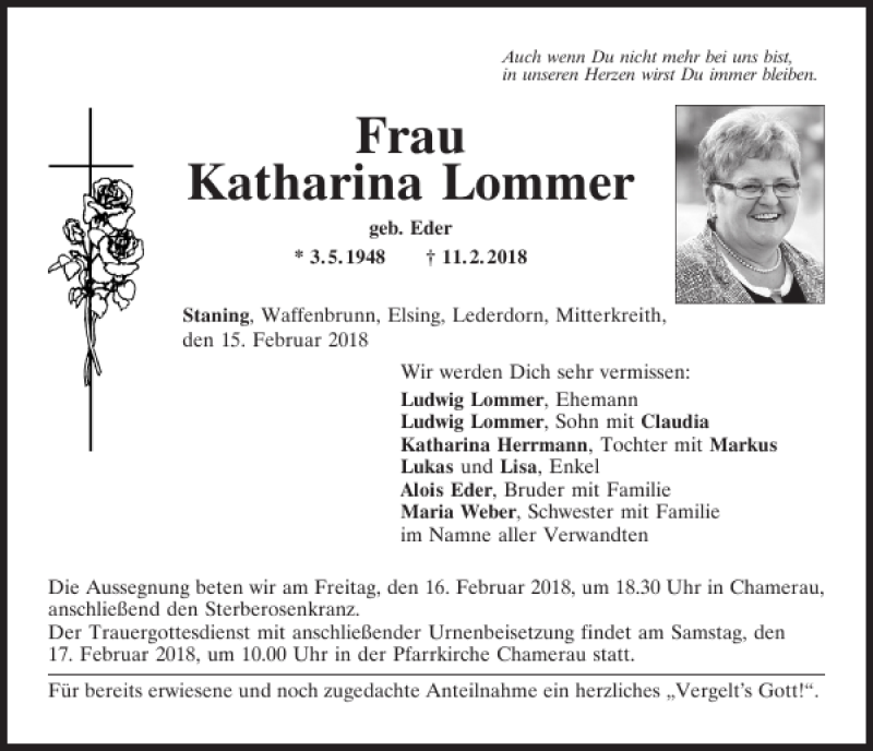  Traueranzeige für Katharina Lommer vom 15.02.2018 aus Bayerwald Echo