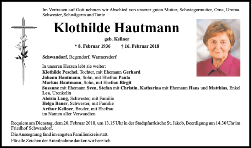  Traueranzeige für Klothilde Hautmann vom 17.02.2018 aus Mittelbayerische Zeitung Schwandorf